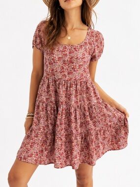 LUCKY BRAND Womens Floral Babydoll Dress-Mauve Short Sleeve - Size Small - NWT